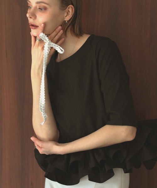 MERAKI（ファッション） ブラウス シャツ 5分袖裾フリルブラウス