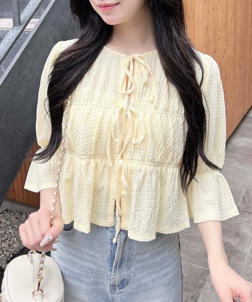 ブラウス シャツ mini PON PON blouse(ミニポンポンブラウス) レディース INGNI ブラウス シャツ 前リボンポコポコ7分袖ブラウス