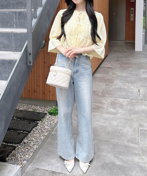 ブラウス シャツ mini PON PON blouse(ミニポンポンブラウス) レディース INGNI ブラウス シャツ 前リボンポコポコ7分袖ブラウス