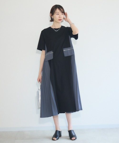 ★ セール【新品】setaichiro ワンピース　サイドプリーツ　異素材 ☆ セール【新品】setaichiro ワンピース サイドプリーツ 異素材