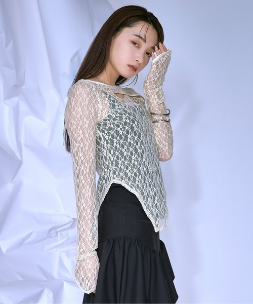 Ezick tシャツ Cut out piping レースプルオーバー レディース