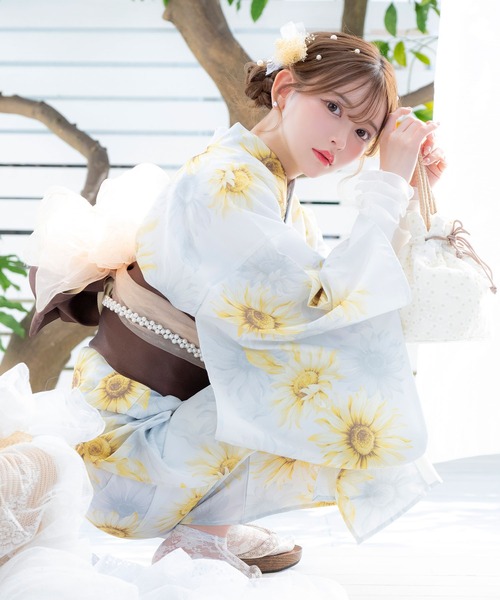 新品 浴衣 セット 浴衣セット ゆかた 大人 レディース 白 向日葵 Y4-53 ANDANTE - 新品 浴衣 セット 浴衣セット ゆかた 大人 レディース