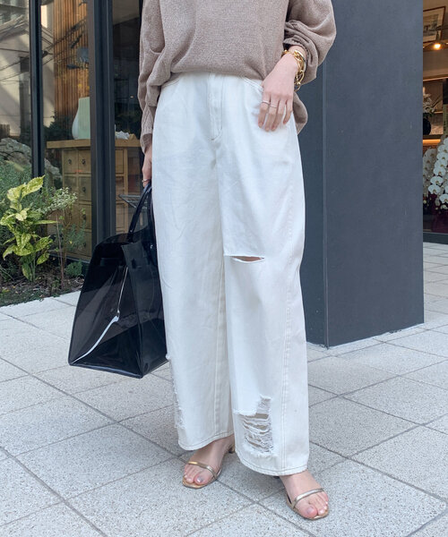 「DouDou」 ダメージ加工デニムパンツ MEDIUM ブルー レディース_画像8