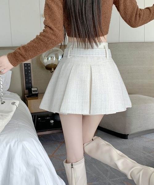 ホワイトタイトドレス ベルト付きミニスカート SEU スカート 「ベルト付き」 プリーツツイードミニスカート ハイ