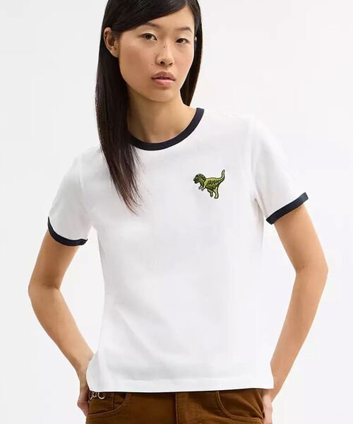 美品 COACH コーチ クルーネック リンガーカットソー Tシャツ CS612 サイズM ホワイト  レディース 古着 中古 USED COACH - 未使用 COACH コーチ クルーネック リンガーTシャツ
