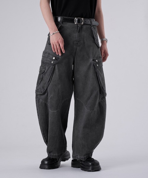 狐独 ワイドパンツ ジーンズ ダブルポケットカコウカーブデニムパンツ