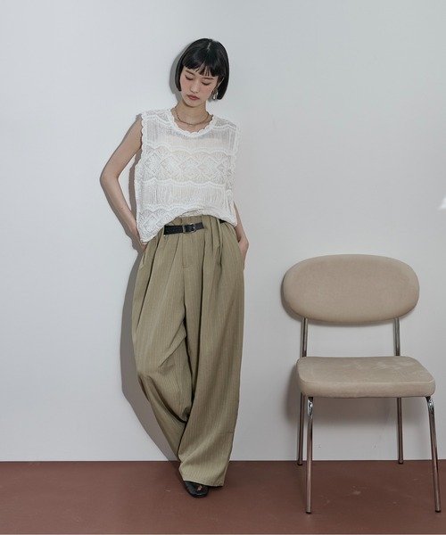 つよぴょんです THE Yon ワイドパンツ パンツ ピンストライプタックワイドパンツ