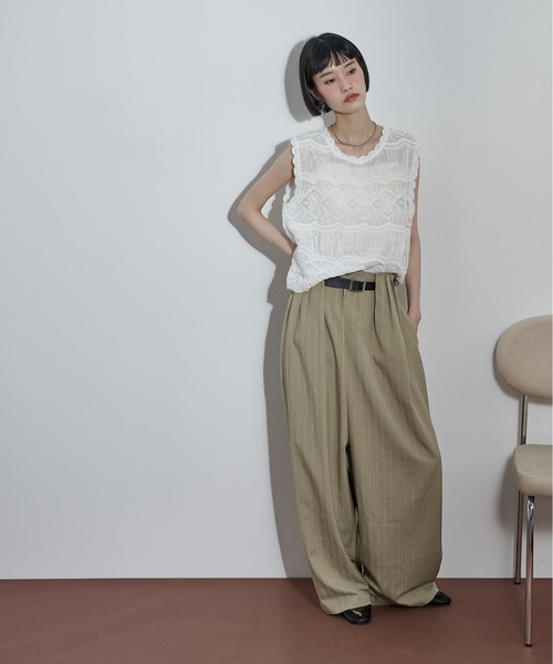 THE Yon ワイドパンツ パンツ ピンストライプタックワイドパンツ