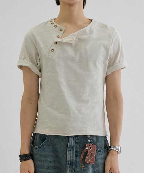 ヘンリーネック tシャツ Slab asymmetry henly tee / スラブ