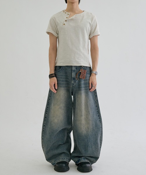 ヘンリーネック tシャツ Slab asymmetry henly tee / スラブ