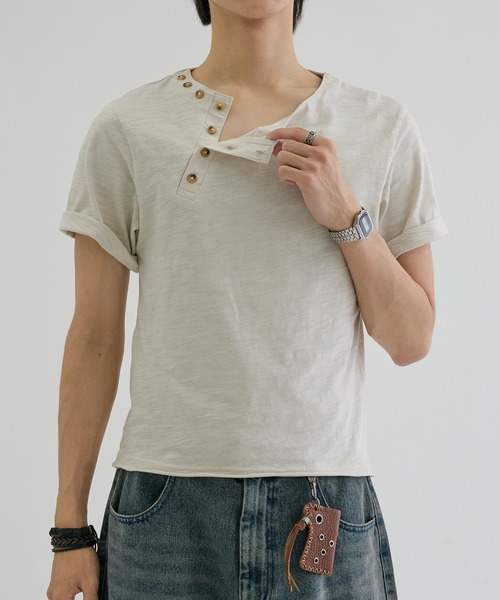 ヘンリーネック tシャツ Slab asymmetry henly tee / スラブ
