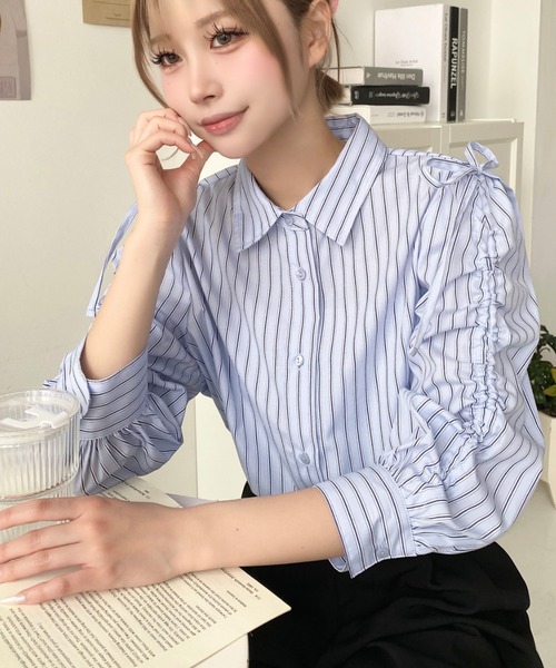 ブラウス シャツ 無地ストライプ柄シャーリングシャツ レディース 楽天市場】シャツ ブラウス ストライプ 無地 シャーリング 長袖