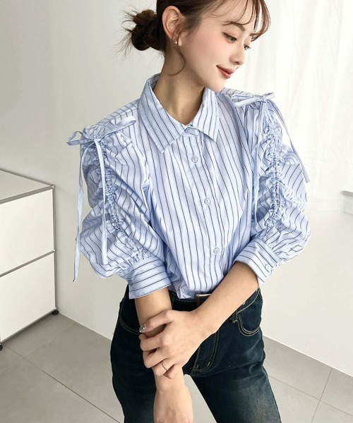 【1度着用のみ美品】 プランテーション ストライプドットリップルシャツ ブラウス moment+ ブラウス シャツ 夏 「累計販売枚数1万枚突破！」マルチ