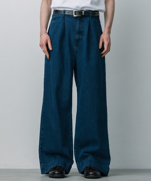 タック ワイド デニム パンツ ルーズ 無地 ストライプ ジーンズ LURAKU ジーンズ 「LURAKU」 tuck wide denim pants / タック
