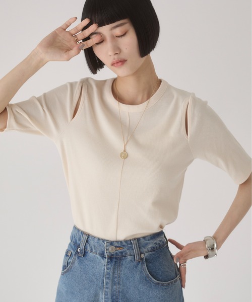 tシャツ アシメカットリブニット レディース アシンメトリーボタンデザイン リブニットトップス トップス