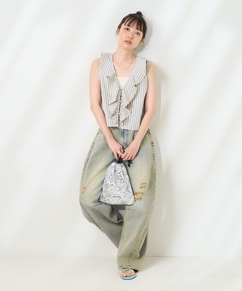【IENA】ストライプフリルノースリーブブラウス FREAK'S STORE（フリークスストア） ブラウス シャツ ストライプフリル