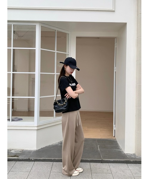 パンツ 「選べる丈感」裏さらさらフラットウエストワイドパンツ パンツ 「選べる丈感」裏さらさらフラットウエストワイドパンツ