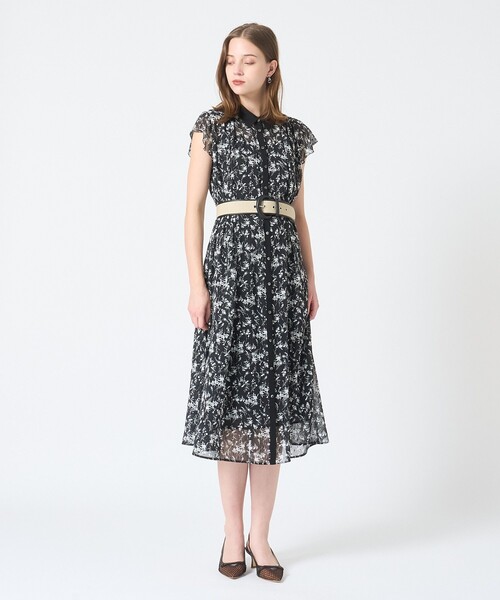 ANAYI モノトーンフラワープリント ワンピース ANAYI｜モノトーンフラワープリント衿付き ワンピース | Rakuten