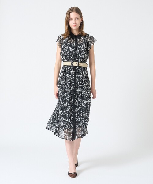 ANAYI モノトーンフラワープリント ワンピース ANAYI シャツワンピース モノトーンフラワープリントシャツ