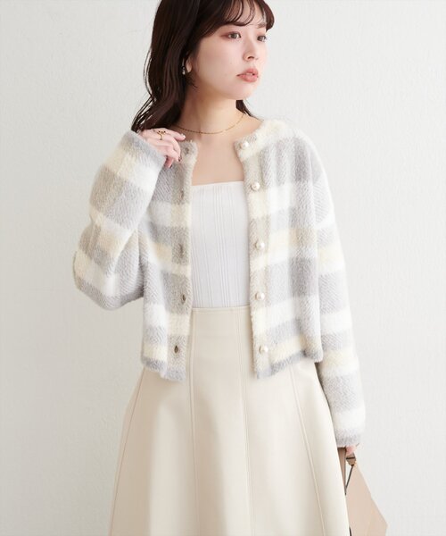 natural couture カーディガン チェック柄シャギーニットカーデ