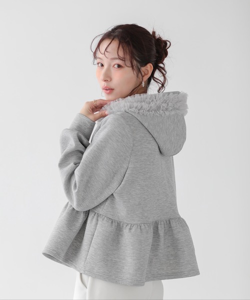 フリル付きオーバーサイズパーカー　フィットモア全色 Fit more（フィットモア） パーカー ダンボールチュールフードジップ