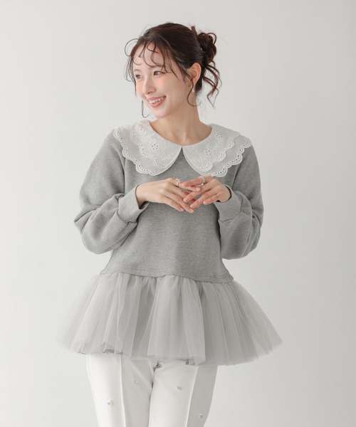 fitmore レース襟ペプラムスウェット　グレー Fit more（フィットモア） トレーナー スウェット レース襟ペプラム