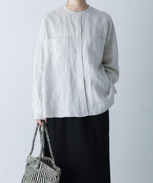 新品タグ付◉ かぐれ　リネンダブルポケットワイドシャツ　LIGHT GRAY かぐれ ブラウス シャツ リネンダブルポケットワイドシャツ レディース