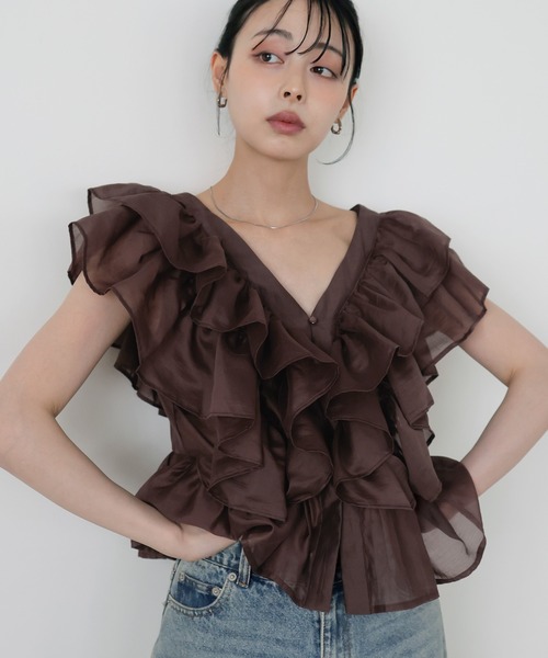 ブラウス シャツ シアーフリルノースリーブブラウス レディースの画像