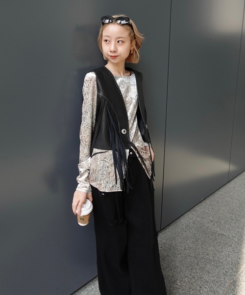 ベスト ジレ WESTERN FRINGE SYNTHETIC LEATHER VEST レディースの画像