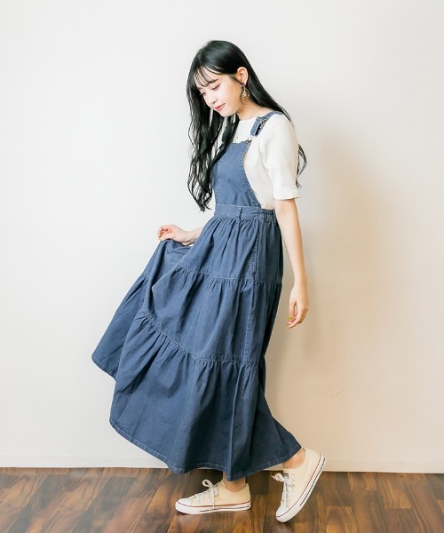 美品⭐︎ATON ネイビー ロングサロペットスカート atONE（アットワン） サロペット オーバーオール デニムティアード
