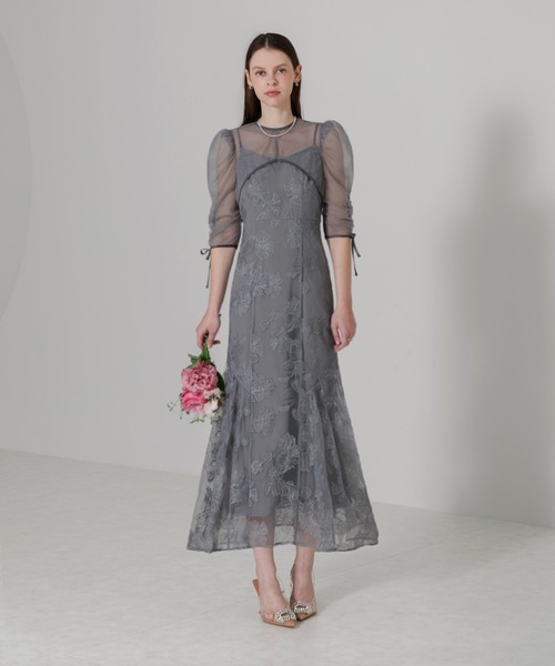 ドレス 「LEJA」パイピング加工リボンパフスリーブボレロ付き花柄 