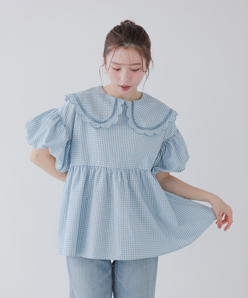 【fitmore 完売品】ギンガムスカラップ襟ブラウス Fit more ブラウス シャツ ギンガムスカラップ襟ブラウス