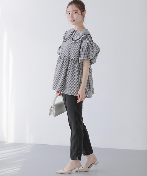 フィットモアFitmore♡ ギンガムスカラップ襟ブラウス(ブラック) Fit more ブラウス シャツ ギンガムスカラップ襟ブラウス