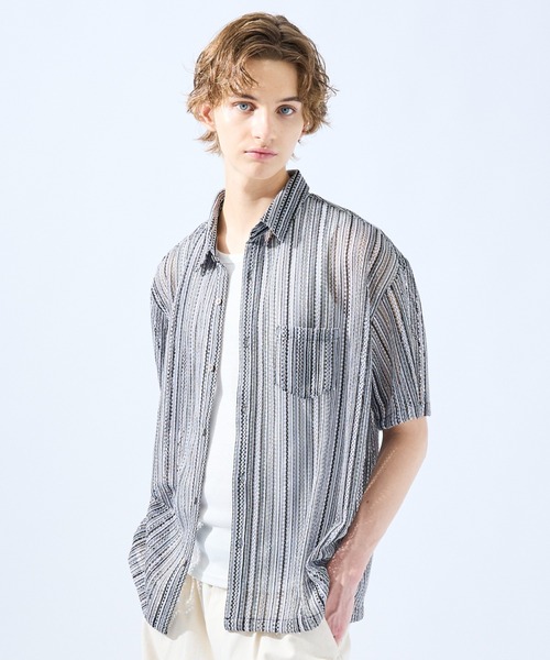 the new society 12Y 透かし編み前開きシャツ AH ABAHOUSE シャツ 「AH ABAHOUSE」透かし編み 半袖 メンズ