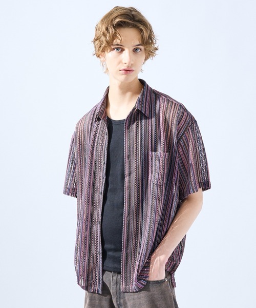 the new society 12Y 透かし編み前開きシャツ AH ABAHOUSE シャツ 「AH ABAHOUSE」透かし編み 半袖 メンズ
