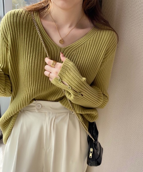 ニット セーター 袖ボタンVネックリブニットトップス レディース ABITOKYO ニット セーター 袖ボタンVネックリブニットトップス