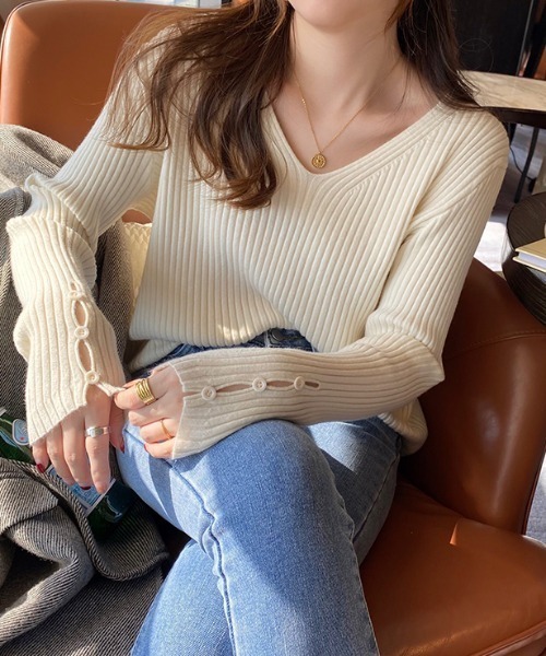 ニット セーター 袖ボタンVネックリブニットトップス レディース ABITOKYO ニット セーター 袖ボタンVネックリブニットトップス