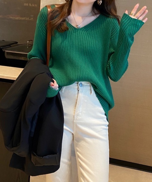 ニット セーター 袖ボタンVネックリブニットトップス レディース ABITOKYO ニット セーター 袖ボタンVネックリブニットトップス
