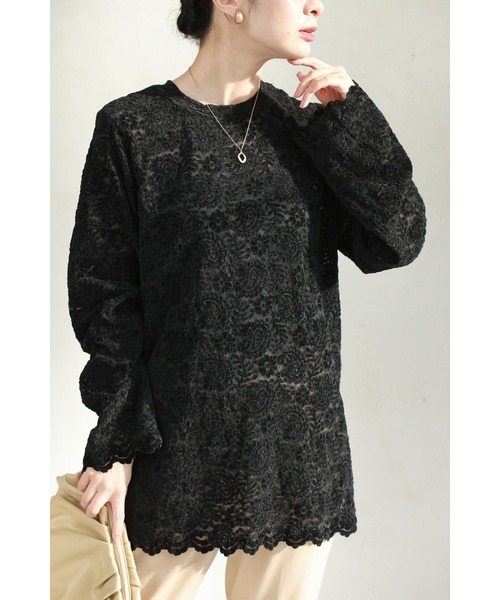 tシャツ （黒）ペイズリー柄浮かぶベロア風カットソートップス レディース cawaii tシャツ （黒）ペイズリー柄浮かぶベロア風カットソー