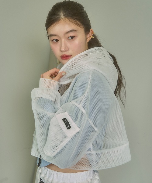 ユ*ー様 vintage メッシュロング丈プルオーバーvネックフーディー VIOLETTA パーカー クロップドメッシュパーカー レディース