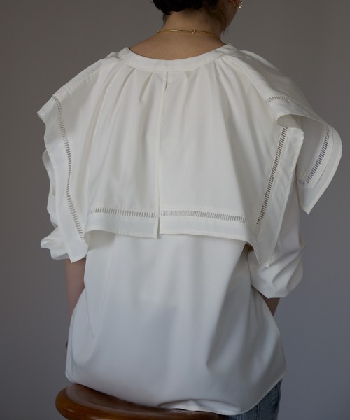 エリテ Heriter *ベルスリーブシアースモックブラウス*38コットンホワイトスキッパーnesessaireネセセア(2-2501-35)【20B52】 each alchemist ブラウス シャツ セーラーカラースキッパー
