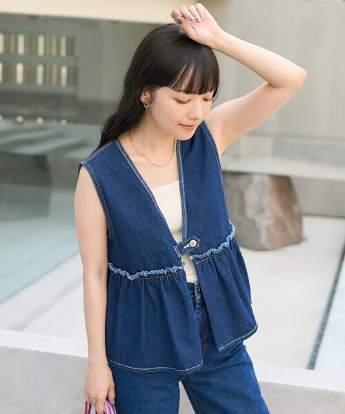 ベスト ジレ フリンジペプラムギャザージップベスト レディース FREAK'S STORE ベスト ジレ デニム ペプラムギャザーベスト