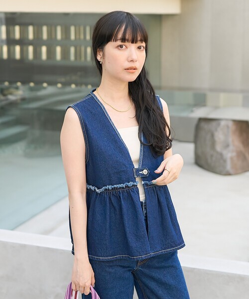 FREAK'S STORE ベスト ジレ デニム ペプラムギャザーベスト