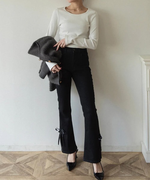 BEST SELLER】side slit denim ribbon pants – RANCLIC