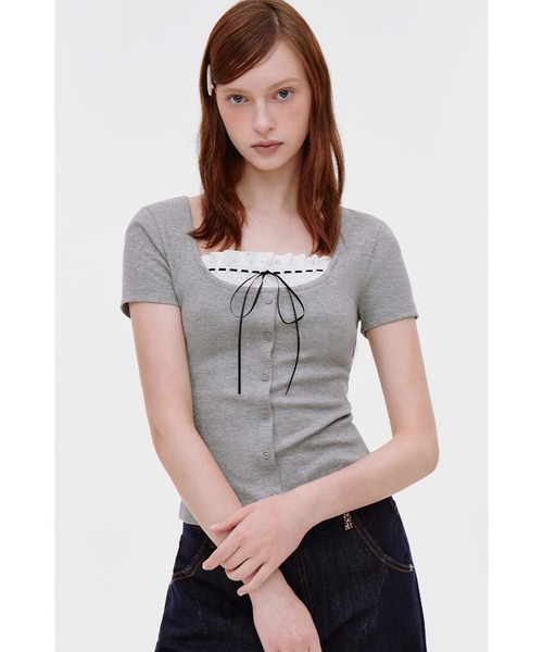 tシャツ 花柄レースリボン ドッキング半袖トップス FX25S298「Fano Studios」「2025SS」 レディース メンズ