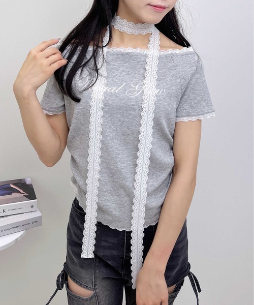 INGNI（イング） tシャツ 半袖 レースチョーカー付リブトップス