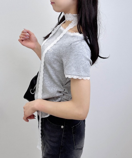 INGNI（イング） tシャツ 半袖 レースチョーカー付リブトップス