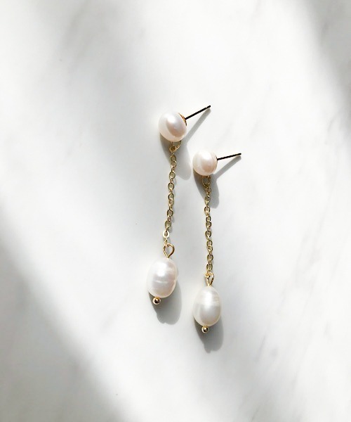 淡水パール ピアス ロングチェーン ゴールド gold］淡水パール ロングチェーンピアス/イヤリング/サージカル
