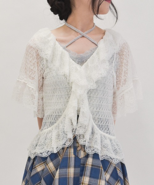 axes femme レーシートッパーカーディガン　ピンク　姫袖　レース　森姫 axes femme カーディガン レースフリルボレロ風トップス