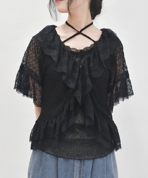 axes femme カーディガン レースフリルボレロ風トップス